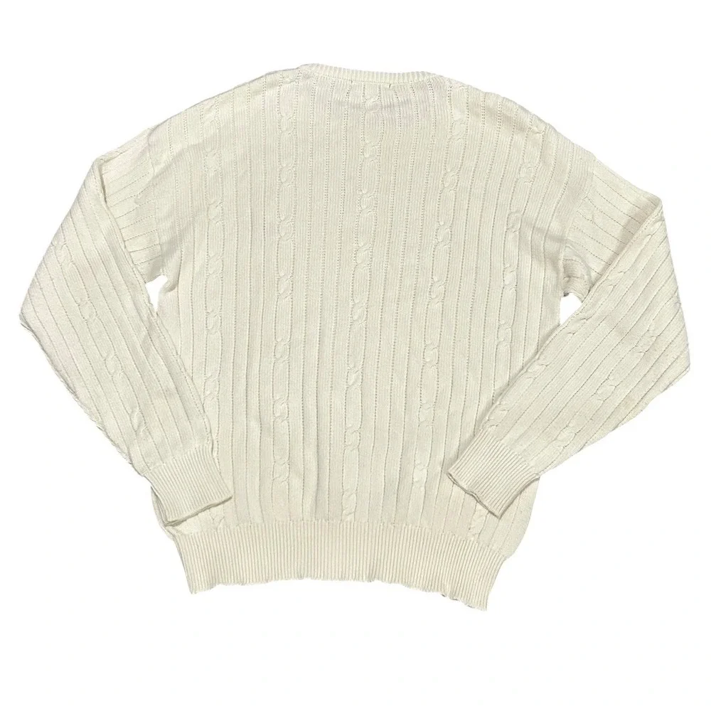 Nautica Mens Cream White Cable Knit Cotton Crewneck Sweater Quiet Luxury